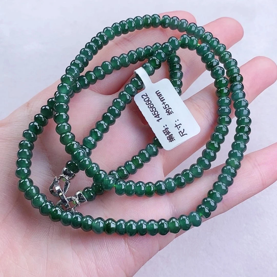 天然A货翡翠项链 卡5+ 冰胶满绿算盘珠项链 冰绿 气质 时尚 特色
