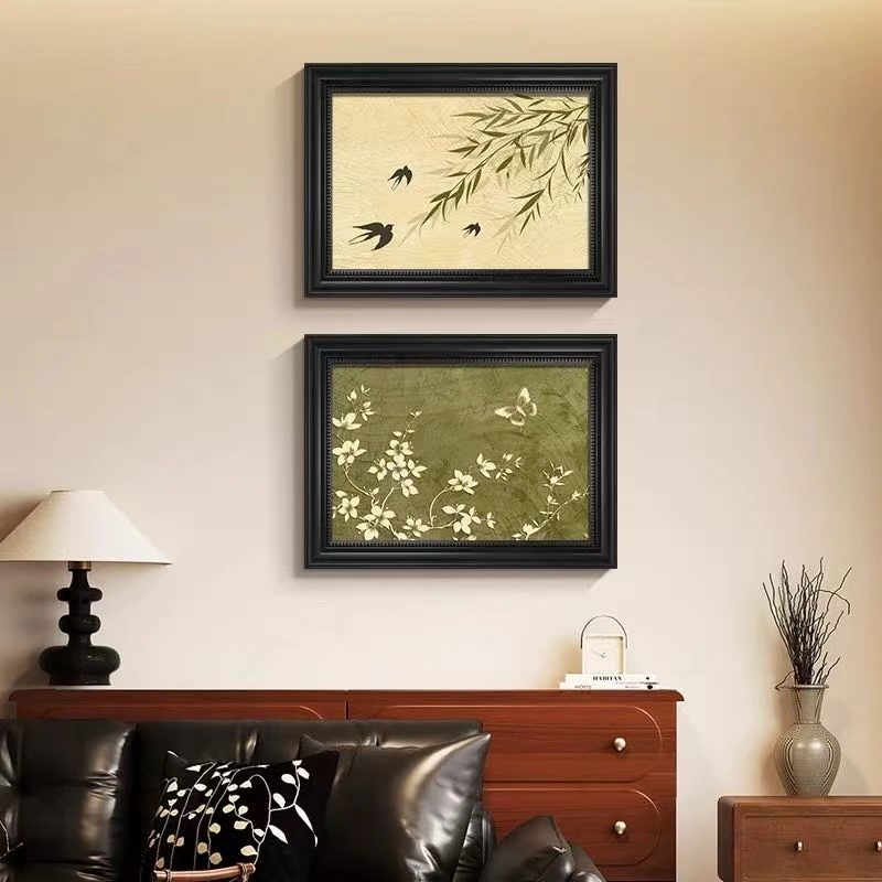 中古法式燕子花卉装饰画复古文艺高级感玄关卧室壁画装饰画4060
