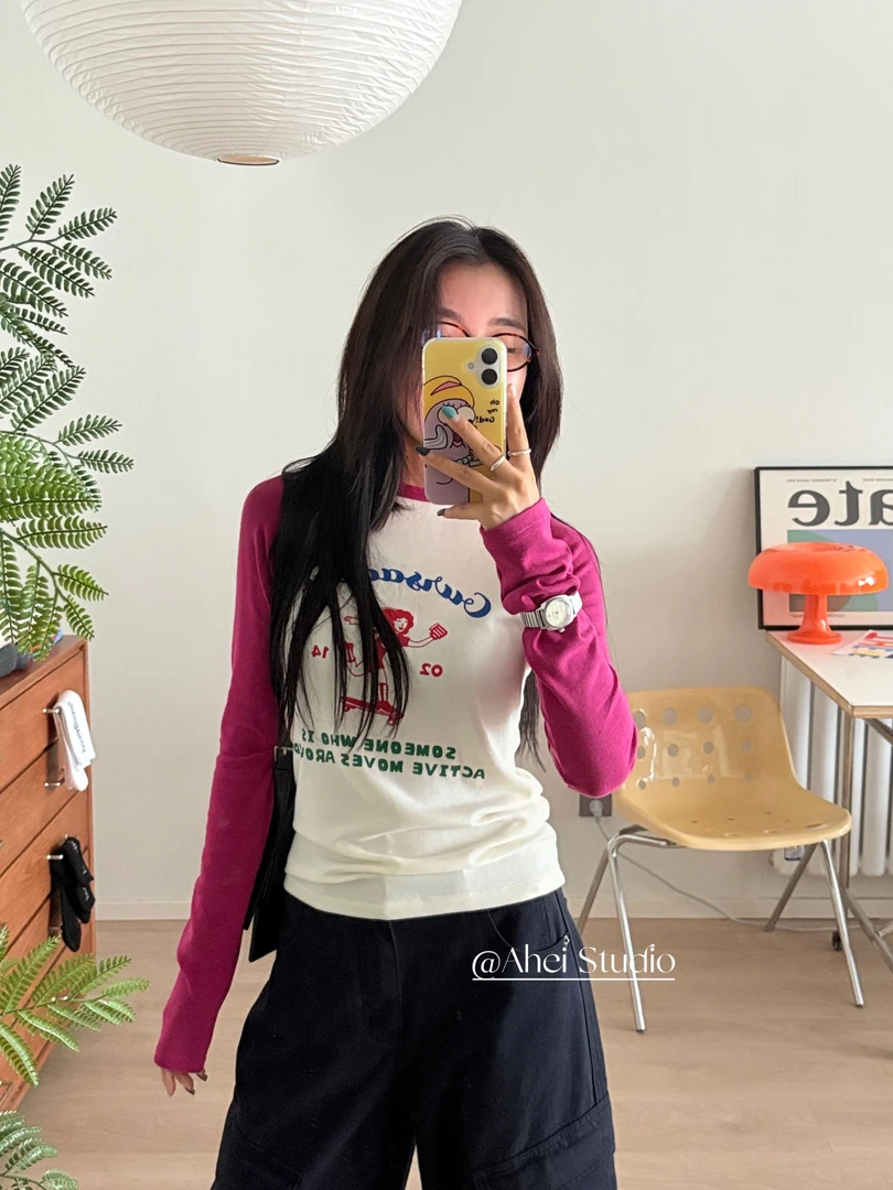 ahei推荐常规常规款长袖圆领印花INS风T恤秋冬百搭ins韩版