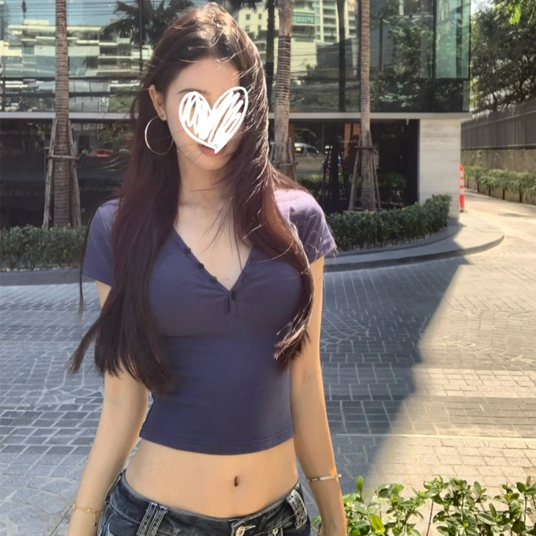 辣妹性感亨利领窄肩短袖恤夏季新款百搭纽扣修身上衣