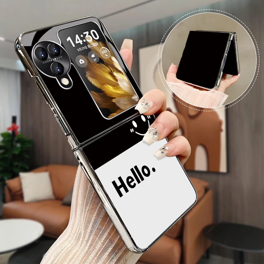 适用于【OPPO】FINDN3FLIP简约时尚hello微笑黑白渐变折叠手机壳