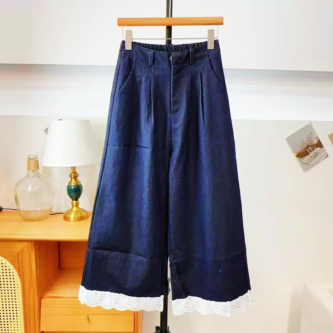 设计感蕾丝拼接休闲裤 女春季高腰宽松阔腿裤