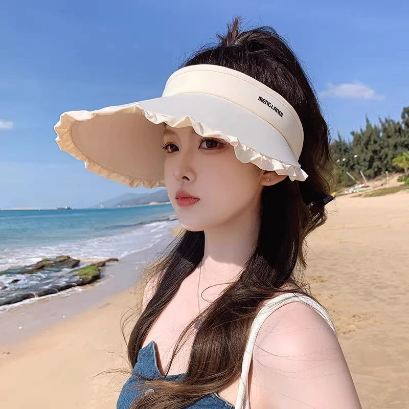 2025新款日系甜美花边冰丝空顶防晒帽大檐防紫外线太阳帽女遮阳帽