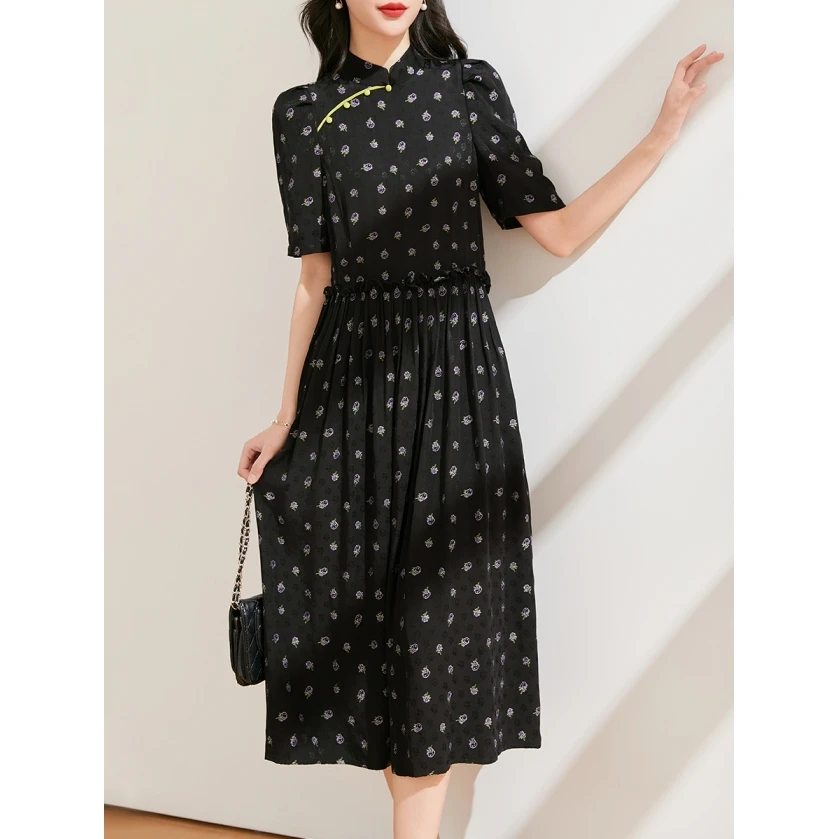 【似锦繁花】改良版碎花短袖旗袍裙 新中式小个子显瘦连衣裙女25夏