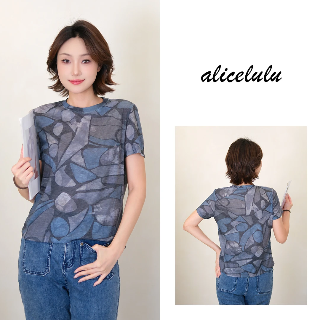 [alicelulu]百搭简约抽象印花圆领短袖正肩T恤S1035102T