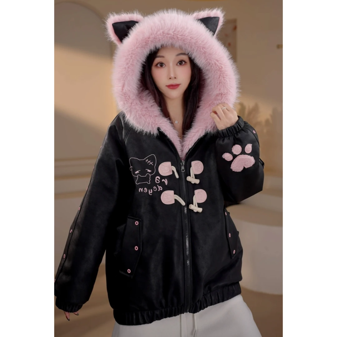 女装连帽冬季刀疤kitty小香风皮衣一体毛毛外套