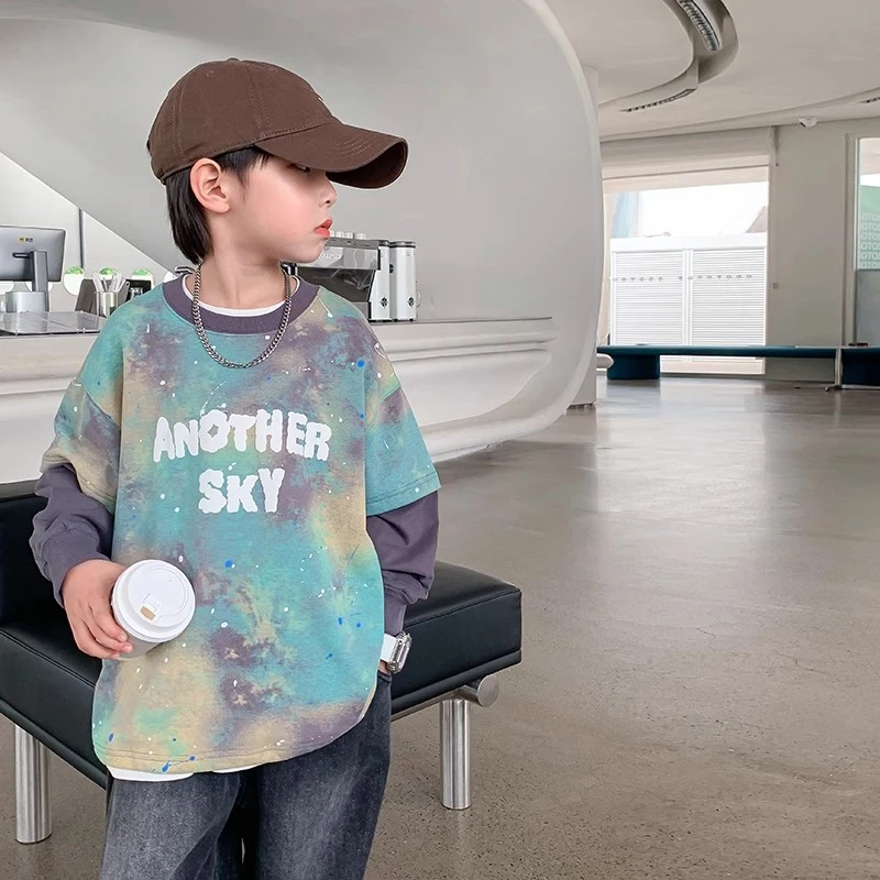 男童秋装假两件长袖T恤2025新款中小儿童男孩春秋痞帅宽松上衣潮