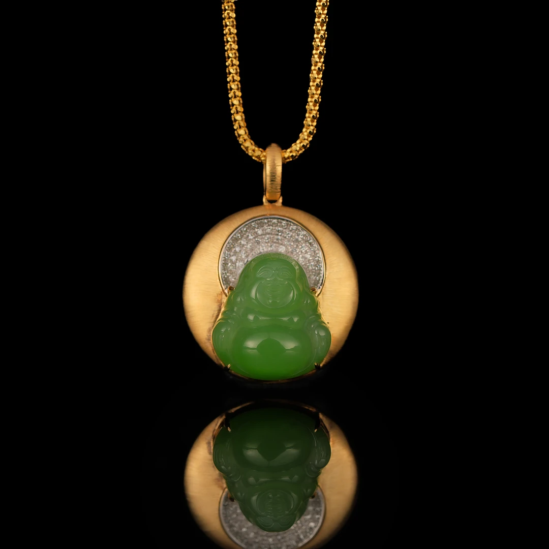 典藏级 和田玉苹果绿佛公吊坠18K金 25*19*9mm± H10705