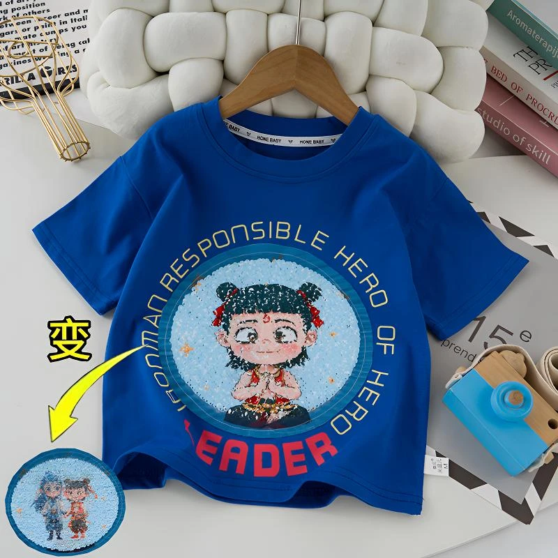 儿童纯棉短袖哪吒亮片变色半袖男女童甜美洋气宽松T恤上衣百搭