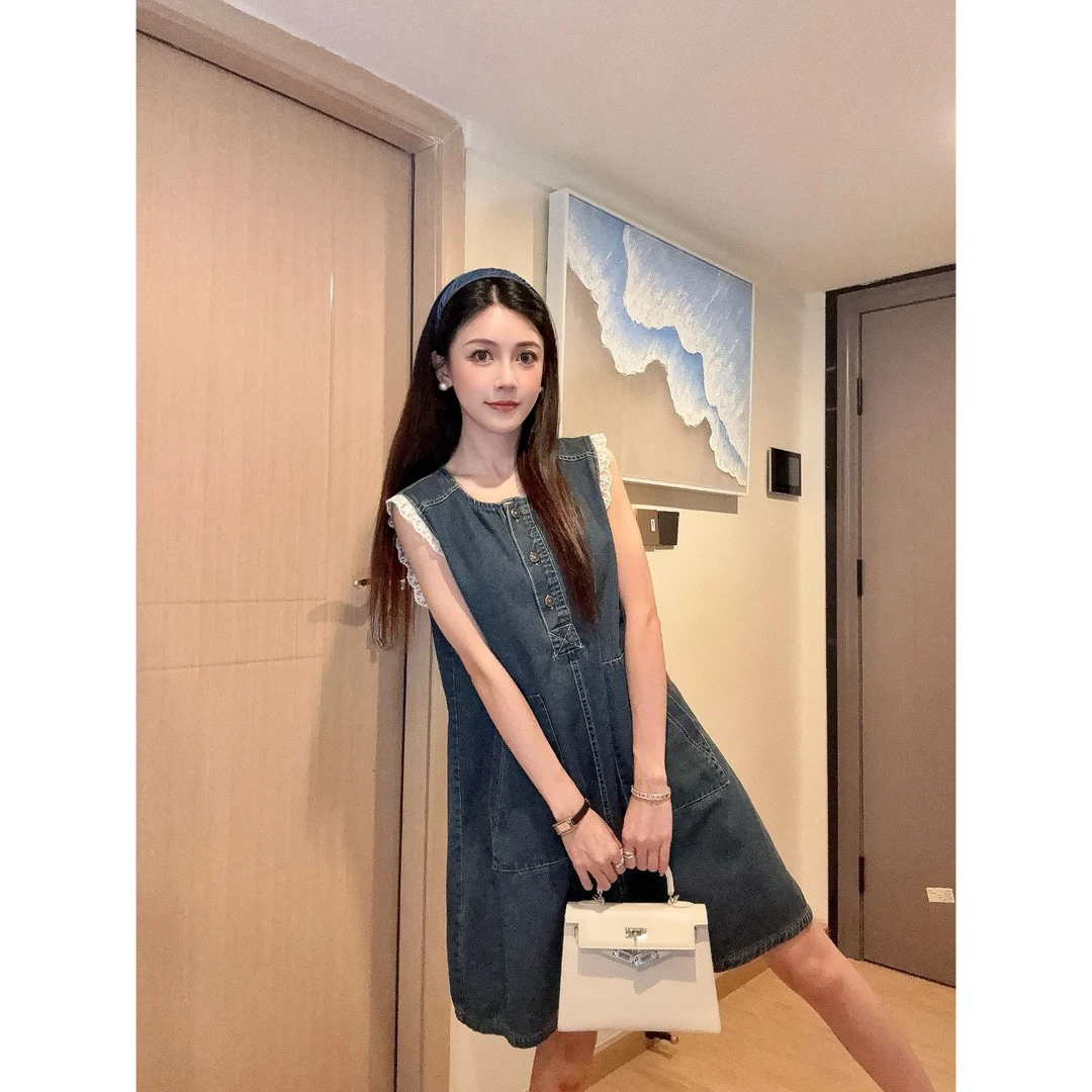 港风圆领无袖牛仔背心裙女2025新款夏季短款小清新小个子连衣裙