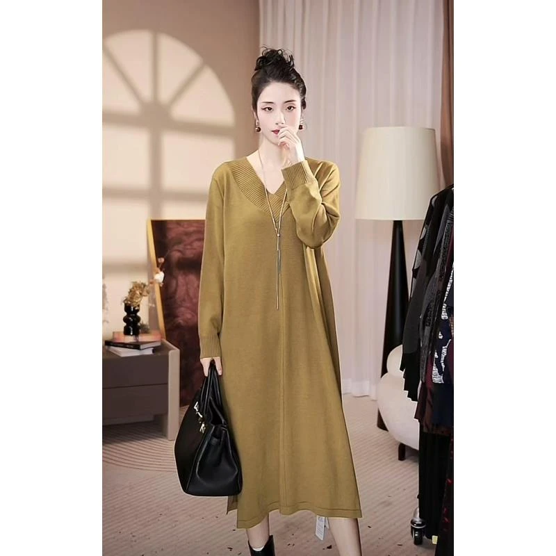 品质[V领绿]高级感修身时尚百搭妈妈气质打底毛衣连衣裙-8665#