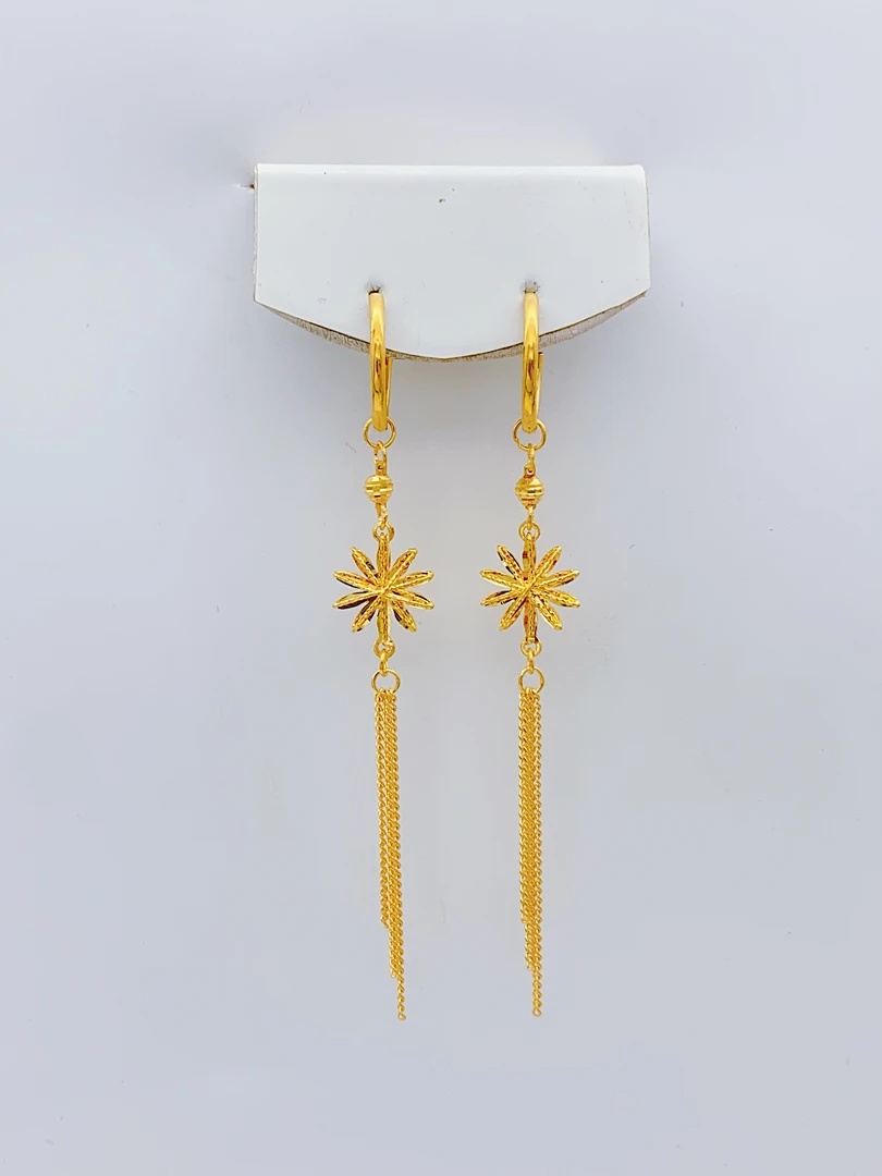 老庙黄金 足金 精工5G工艺 拉丝芒星流苏 耳圈 3.92克