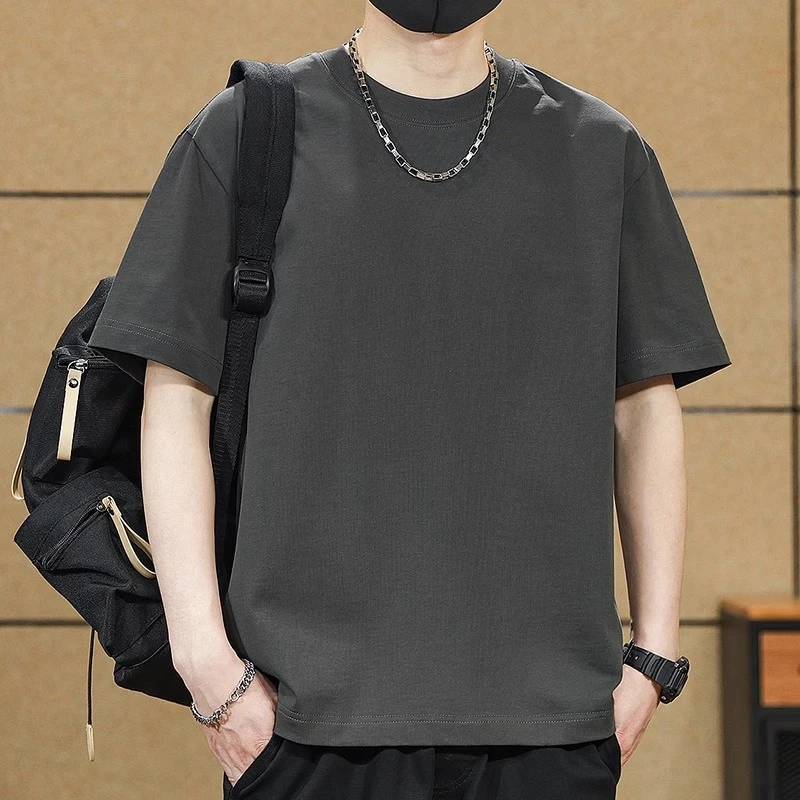 夏季重磅纯色短袖t恤男纯棉上衣服男士宽松运动半袖体恤打底衫男T