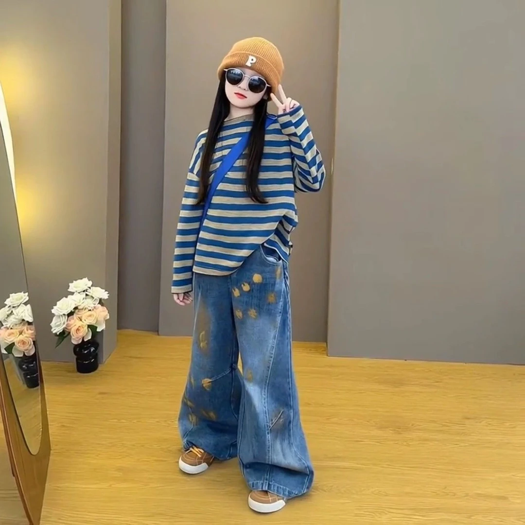 女童卫衣套装春秋款2025新款女条纹宽松上衣儿童超好看牛仔套装潮