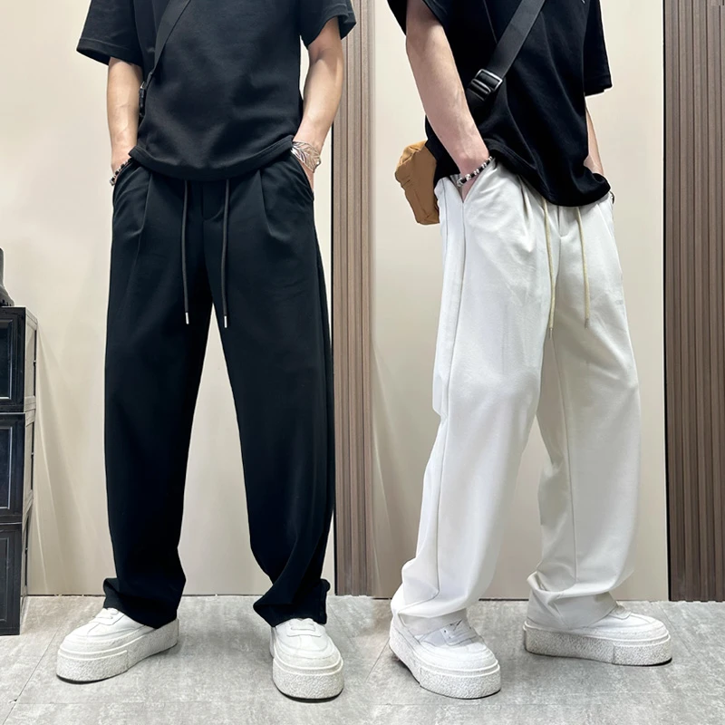 痞帅垂感慵懒松弛感裤子男夏薄款米白色宽松休闲高级感显瘦运动裤