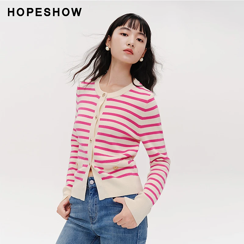 红袖春季新款女装 撞色条纹单排扣圆领针织开衫89124010102