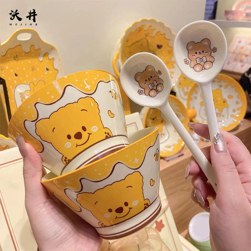 【蜂蜜小熊】5英寸斗笠碗4碗4勺陶瓷釉下彩工艺好物餐具套装易清洗