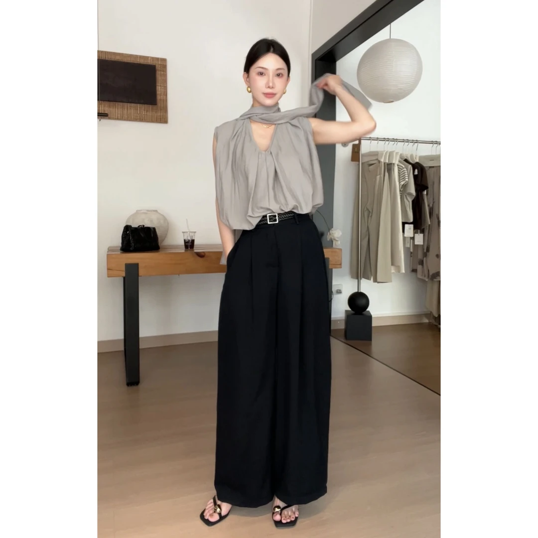 直筒裤子高腰显瘦百搭时尚休闲高腰宽松阔腿裤085551