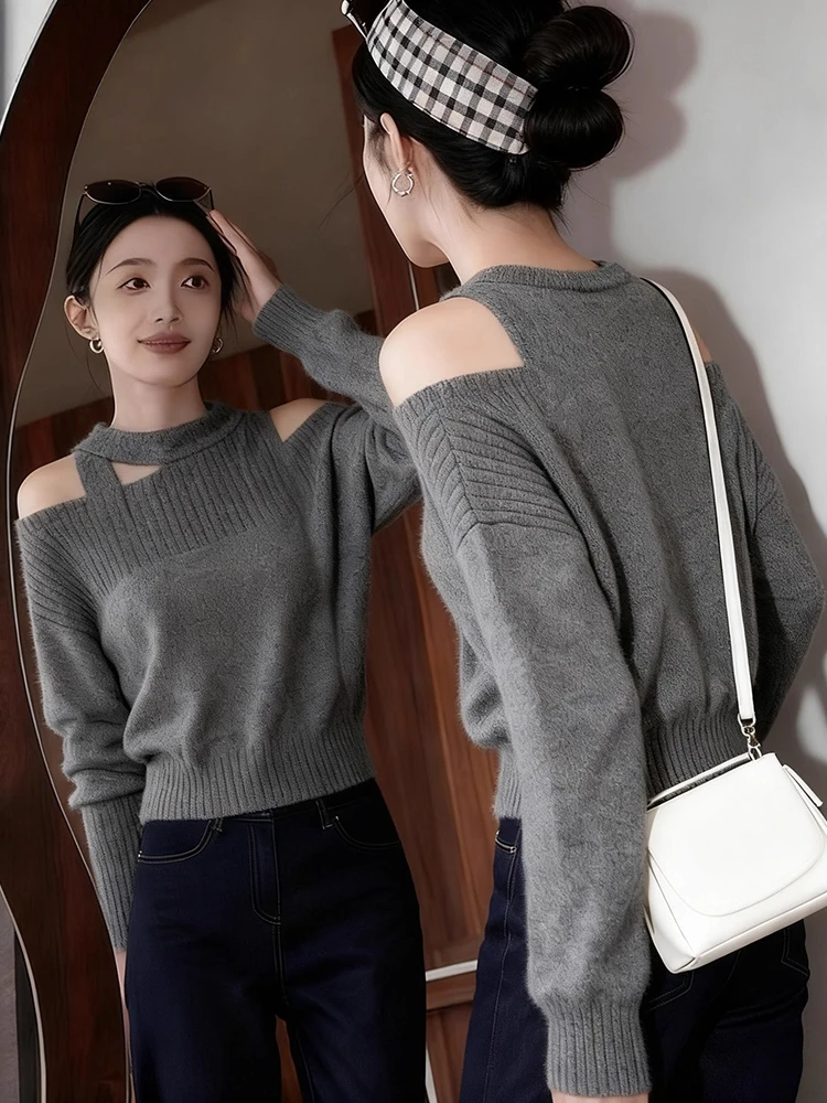 时尚轻熟风露肩针织衫女2025秋冬新款巨好看软糯内搭气质打底毛衣
