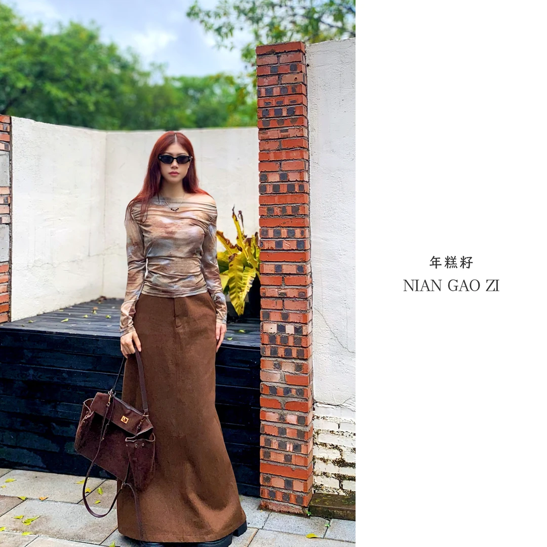 ZOZ年糕籽[一抹焦糖]夏季高腰半身裙新款休闲显瘦长裙开叉A字裙子