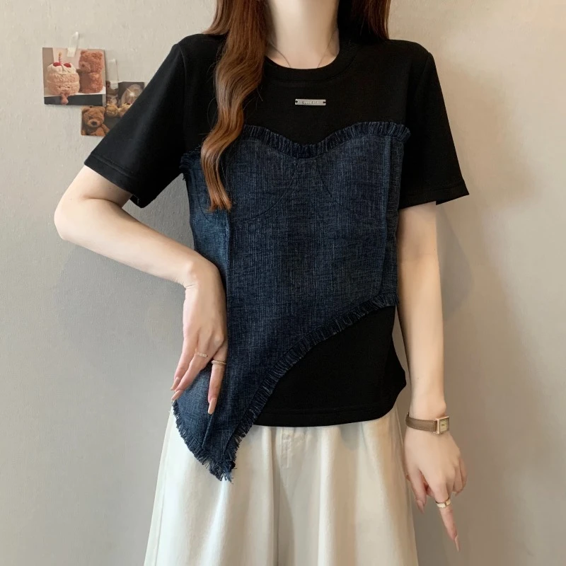 大码牛仔拼接假两件短袖T恤女夏季新款胖MM修身显瘦百搭洋气上衣