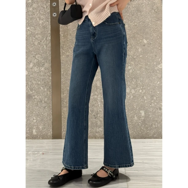 【曲线牛仔】MEGANLE 休闲复古蓝直筒微喇显瘦百搭牛仔裤2025182