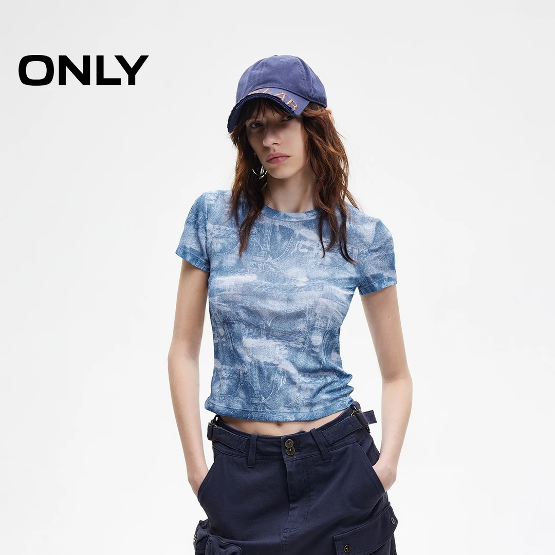 ONLY夏季弹力修身正肩个性图案T恤女酷飒风女装高级感|125101129