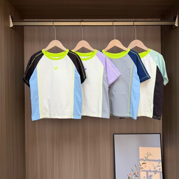 夏季儿童拼色多巴胺儿童短袖上衣中大童男女童