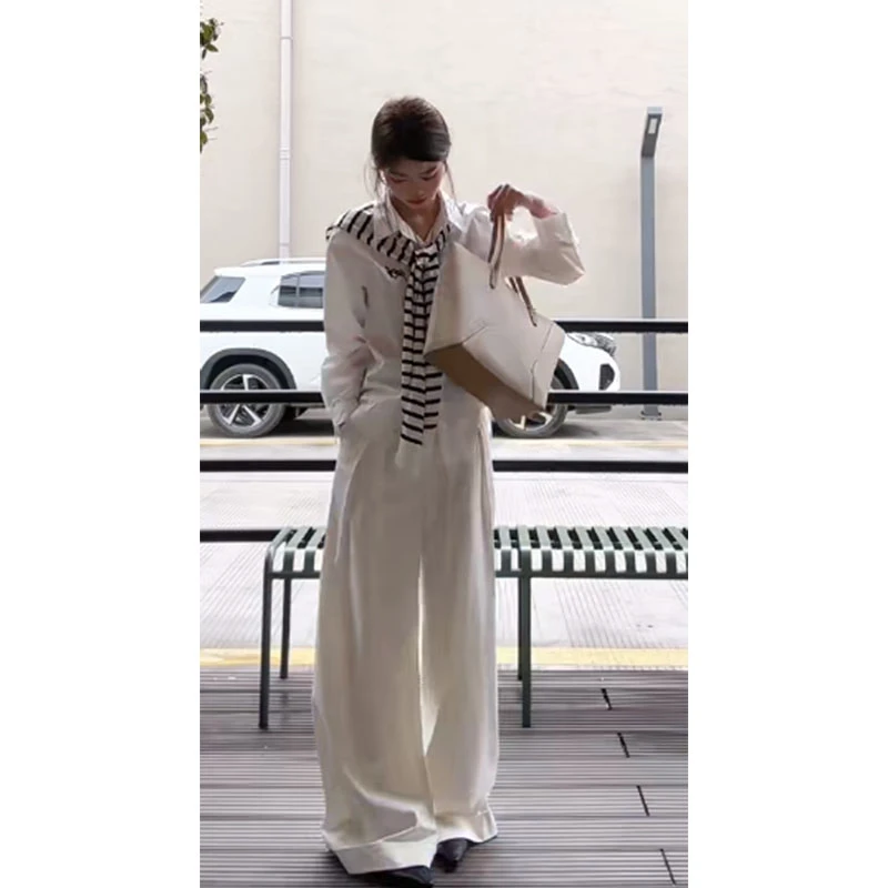 新款韩系时尚百搭披肩休闲气质设计感长袖衬衫高腰修身显瘦阔腿裤