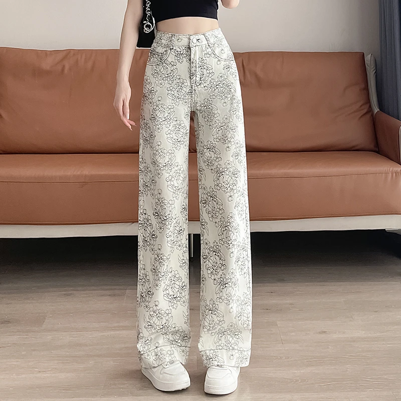 时尚潮款印花高腰牛仔裤女款夏季新款宽松垂感薄款春秋直筒裤子