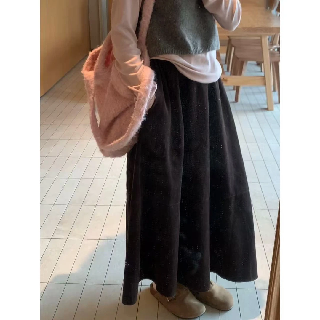 佳儿吖～秋冬灯心绒松紧腰口袋显瘦大摆长裙5017