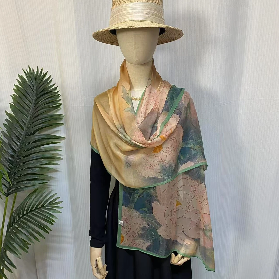 100%桑蚕【碧玉牡丹】53x175cm丝薯莨雪纺长巾气质洋气时尚百搭女士