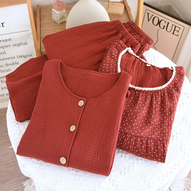 安哥拉红女款纯棉睡衣新款双层棉纱圆领长袖柔软舒适全棉家居服套