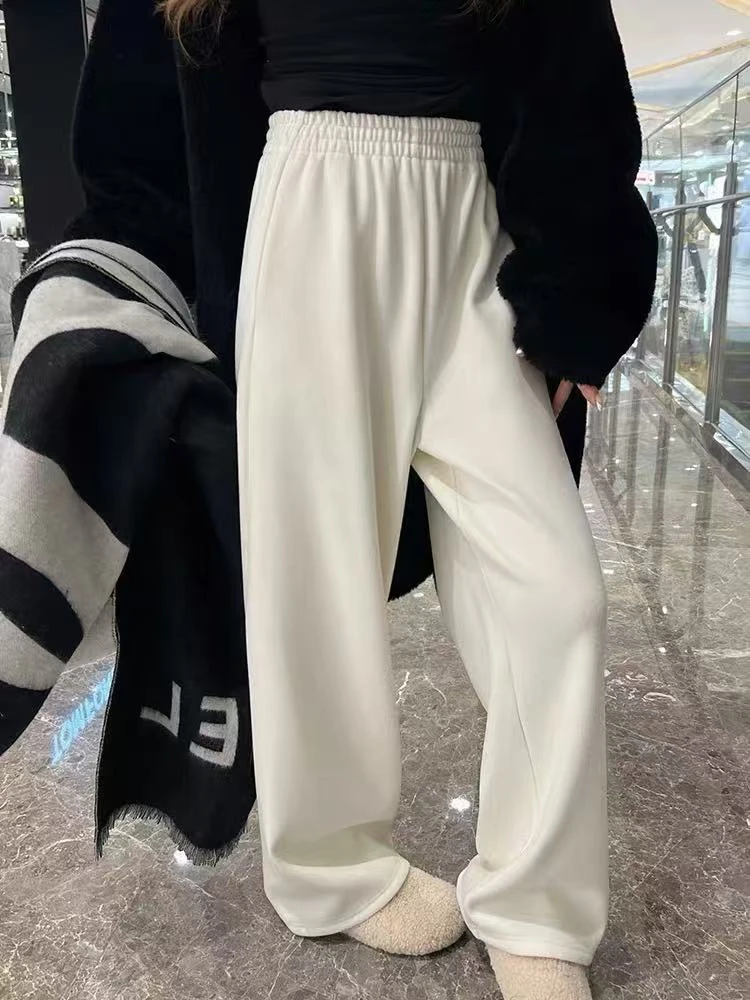 B25-2米白色“无抽绳”加绒松紧腰休闲裤