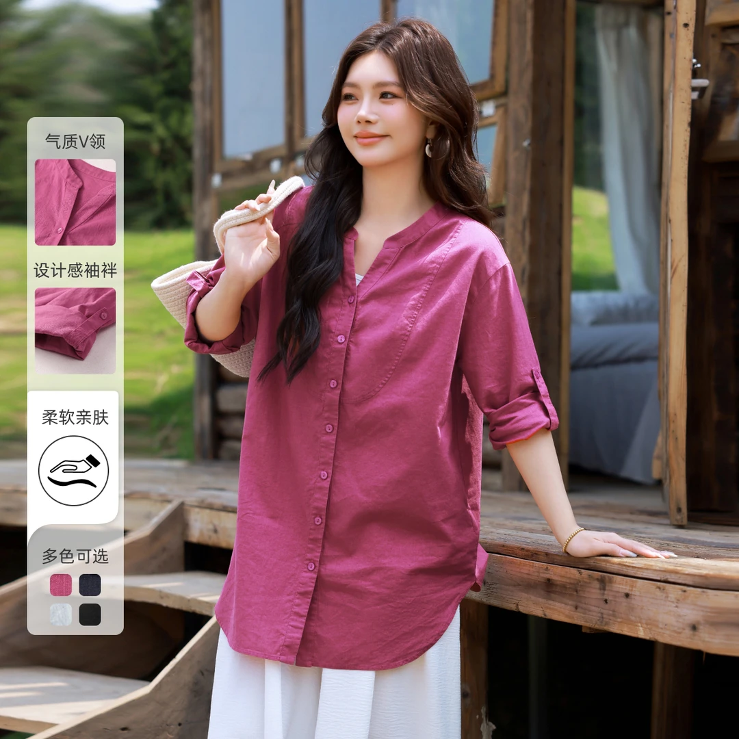 【亚麻棉宽松设计感袖袢气质长款V领衬衫】MsShe大码女装A~M2504037