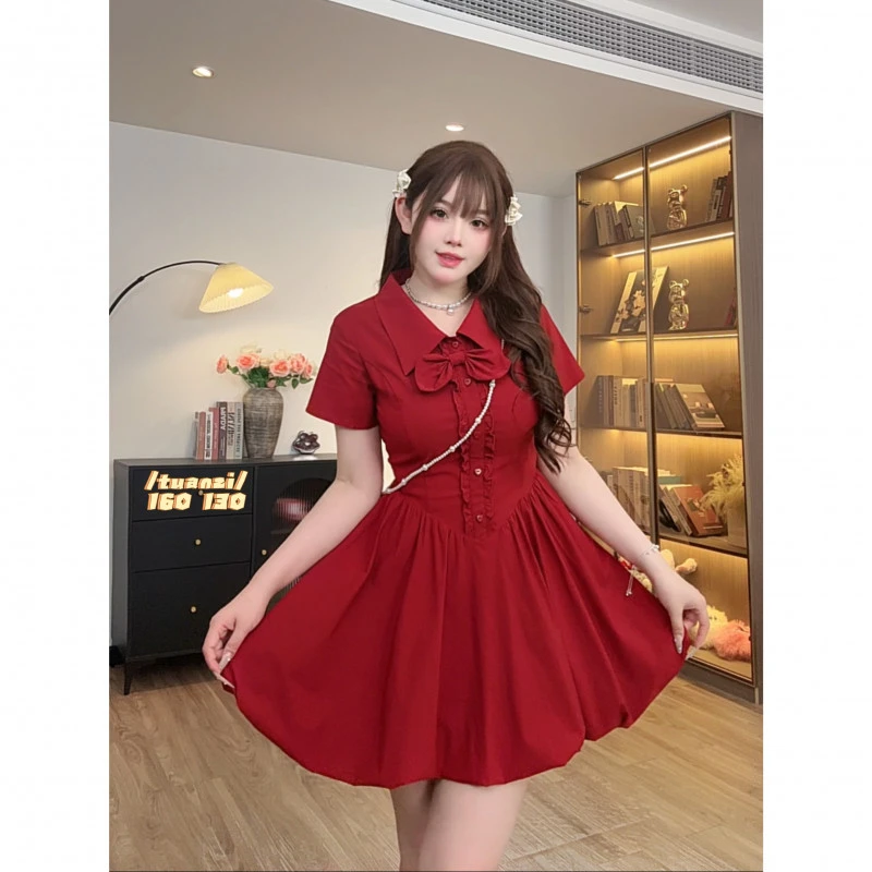 【草莓奶芙】9703胖mm甜美漂亮高级感气质红色收腰显瘦花苞连衣裙