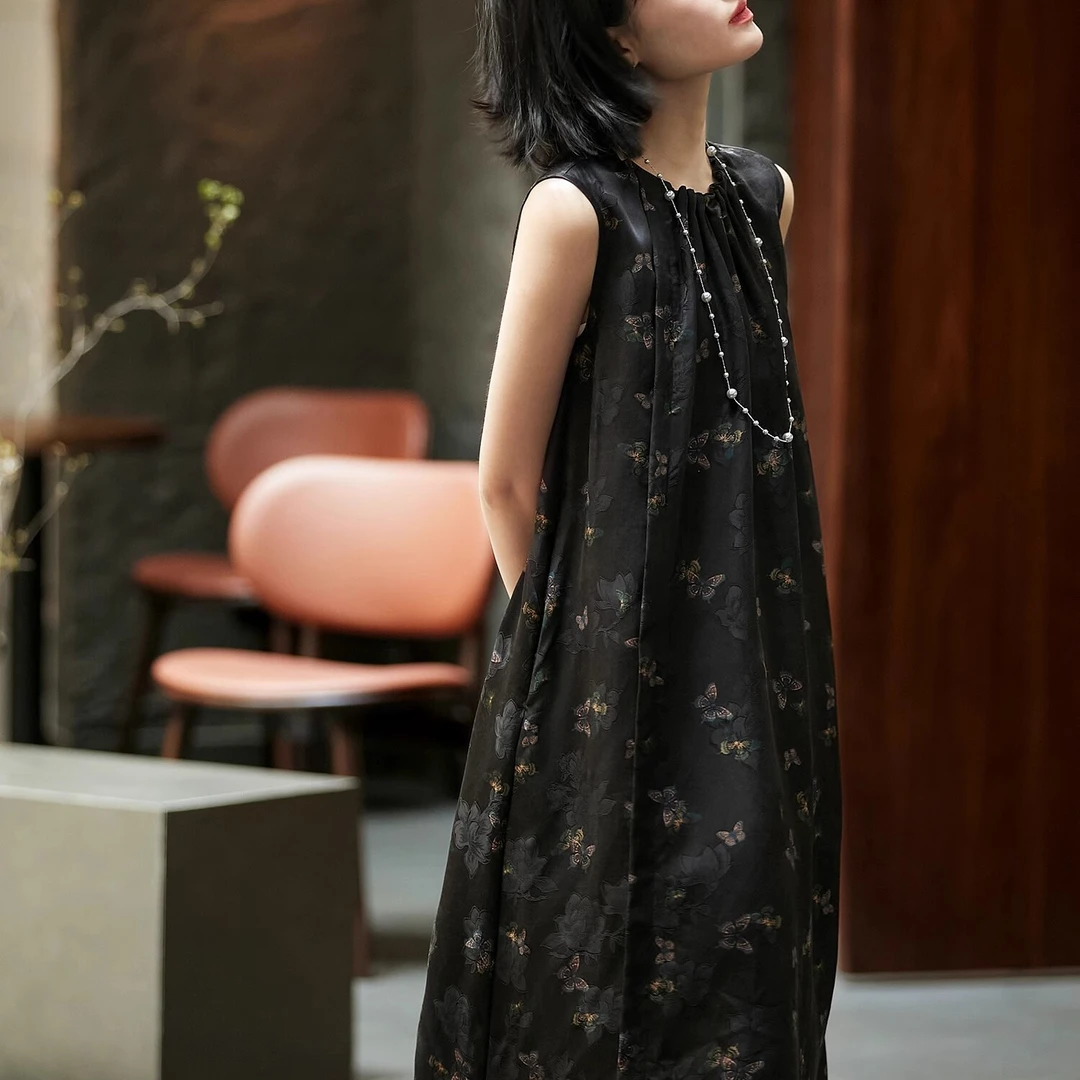 SS1178夏季新款无袖连衣裙黑色裙子蝴蝶印花新中式连衣裙