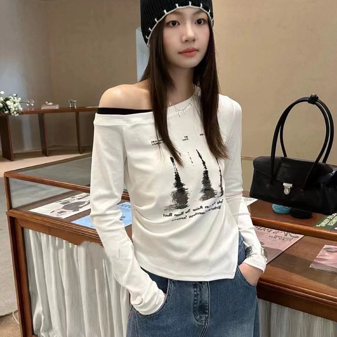 早秋韩系穿搭假两件长袖t恤女2025新款爆款巨好看设计感斜肩上衣