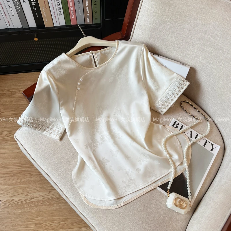 夏季国风桑蚕 丝衬衫褶皱提花圆领短袖宽松百搭盘扣真 丝T恤女