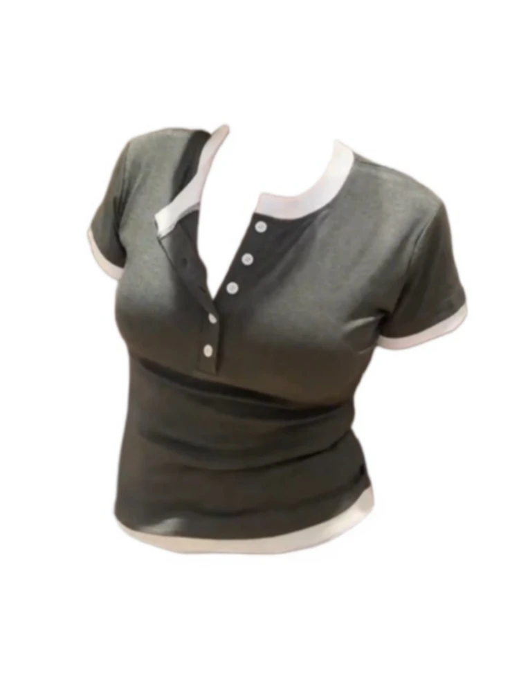 2025年夏季新款设计感拼色正肩短袖T恤女假两件修身显瘦辣妹上衣