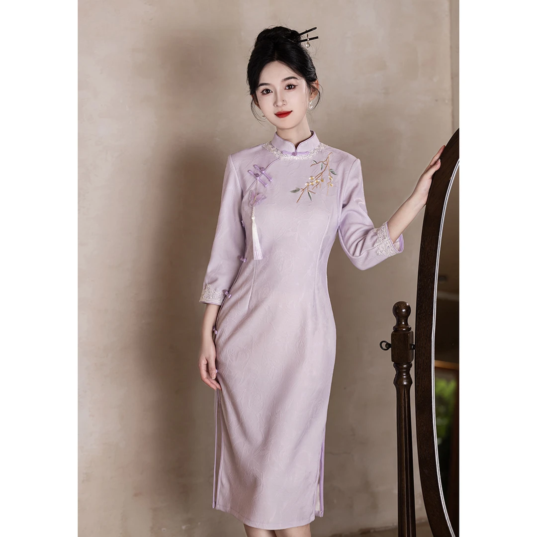 中式秋季修身中长款日常旗袍少女春秋中国风复古长袖气质裙-颜玉