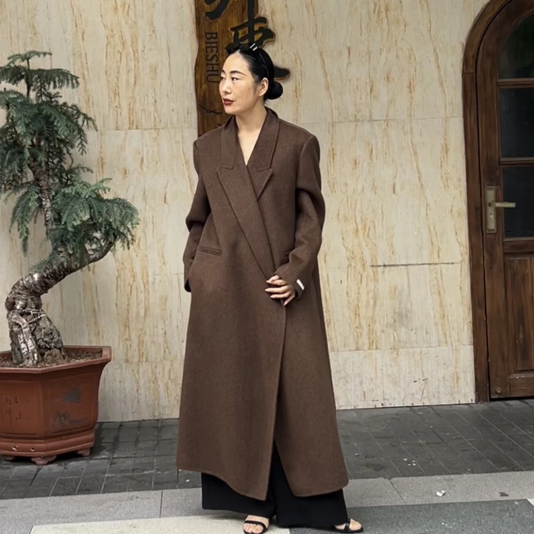 时尚女款秋冬长款双面呢正肩大衣显瘦气质百搭宽松