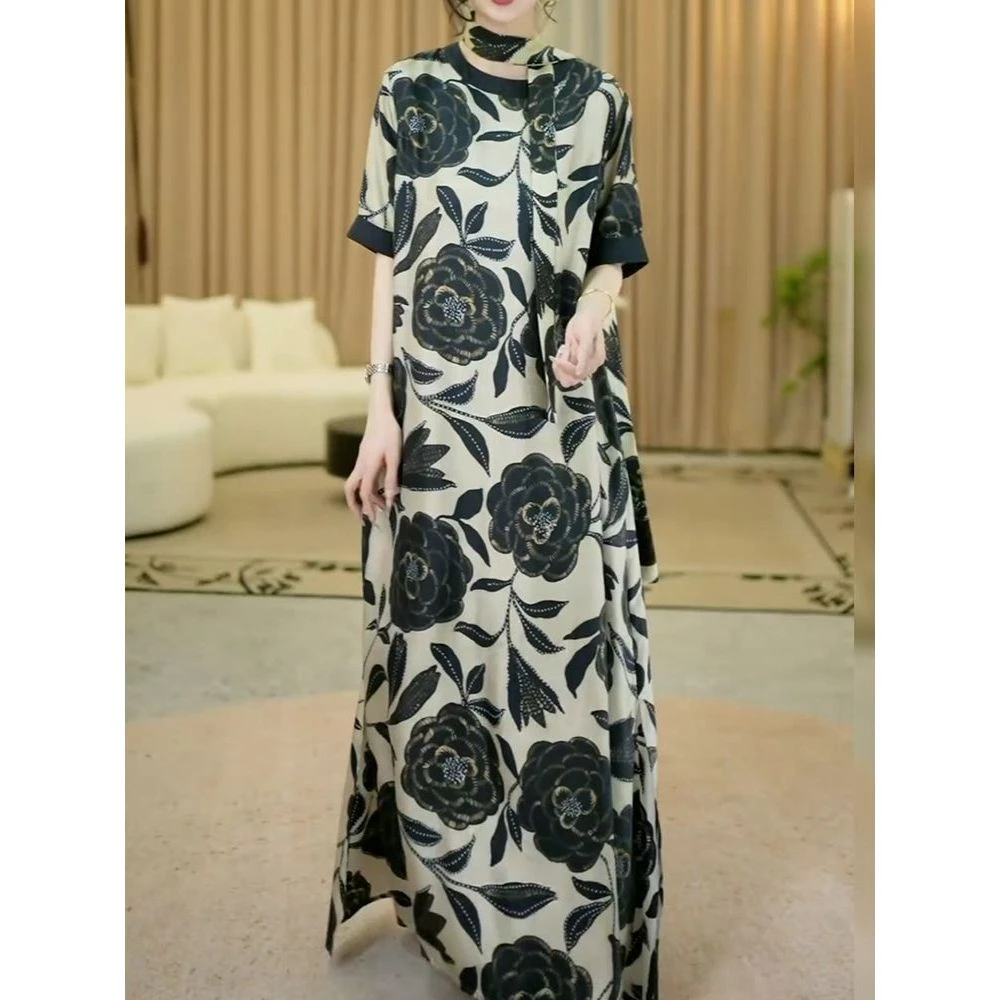 法式气质时尚轻奢圆领连衣裙2025夏季新款时髦洋气印花显瘦长裙