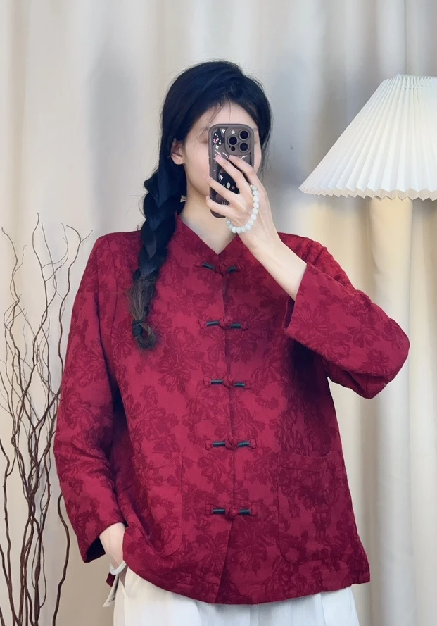 新中式提花重工刺绣民族风长袖盘扣茶服上衣7018 肩40胸116长65