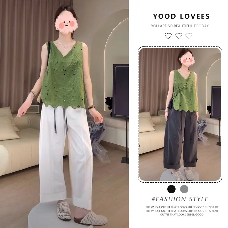 2025夏季新款韩版时尚百搭显瘦镂空刺绣无袖背心纯色阔腿裤套装