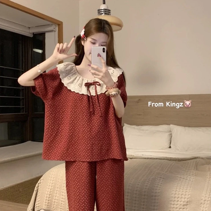 睡衣女款爆款2025新款蝴蝶结娃娃领睡衣套装夏季休闲裤睡裤家居服