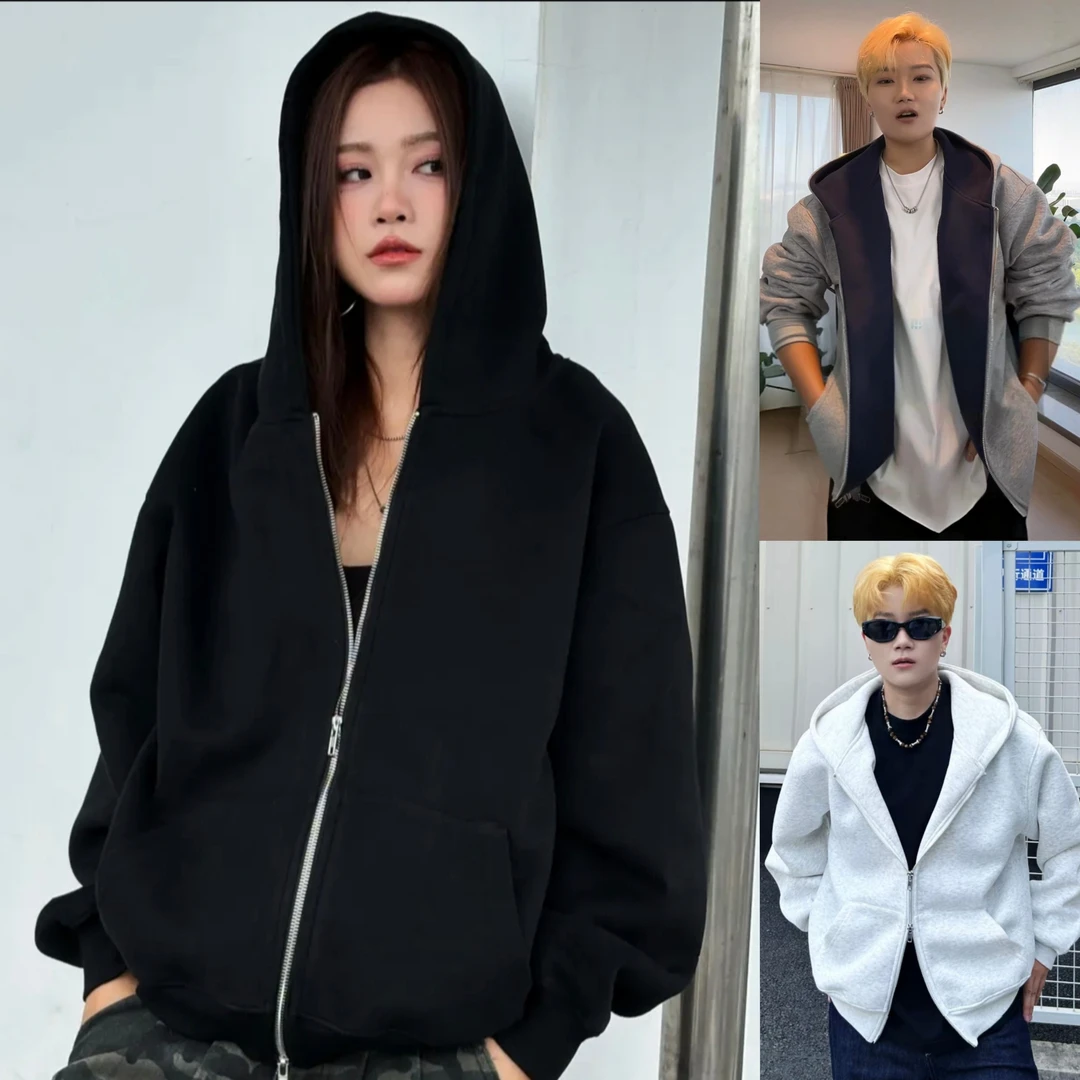 秋季新款重磅加厚连帽双头拉链开衫外套男士简约时尚百搭宽松上衣