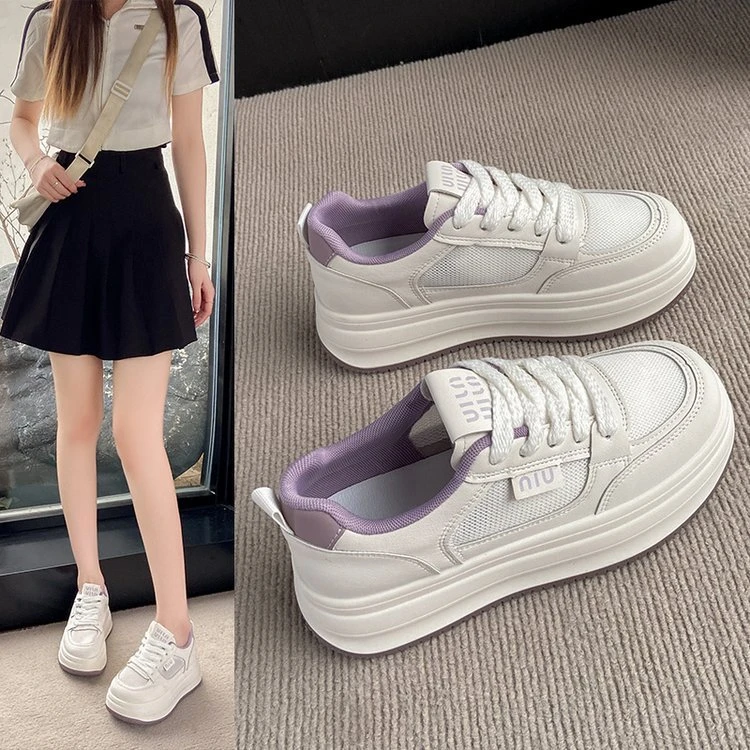 透气网面小白鞋女2025夏季新款单网透气百搭休闲厚底增高板鞋女学