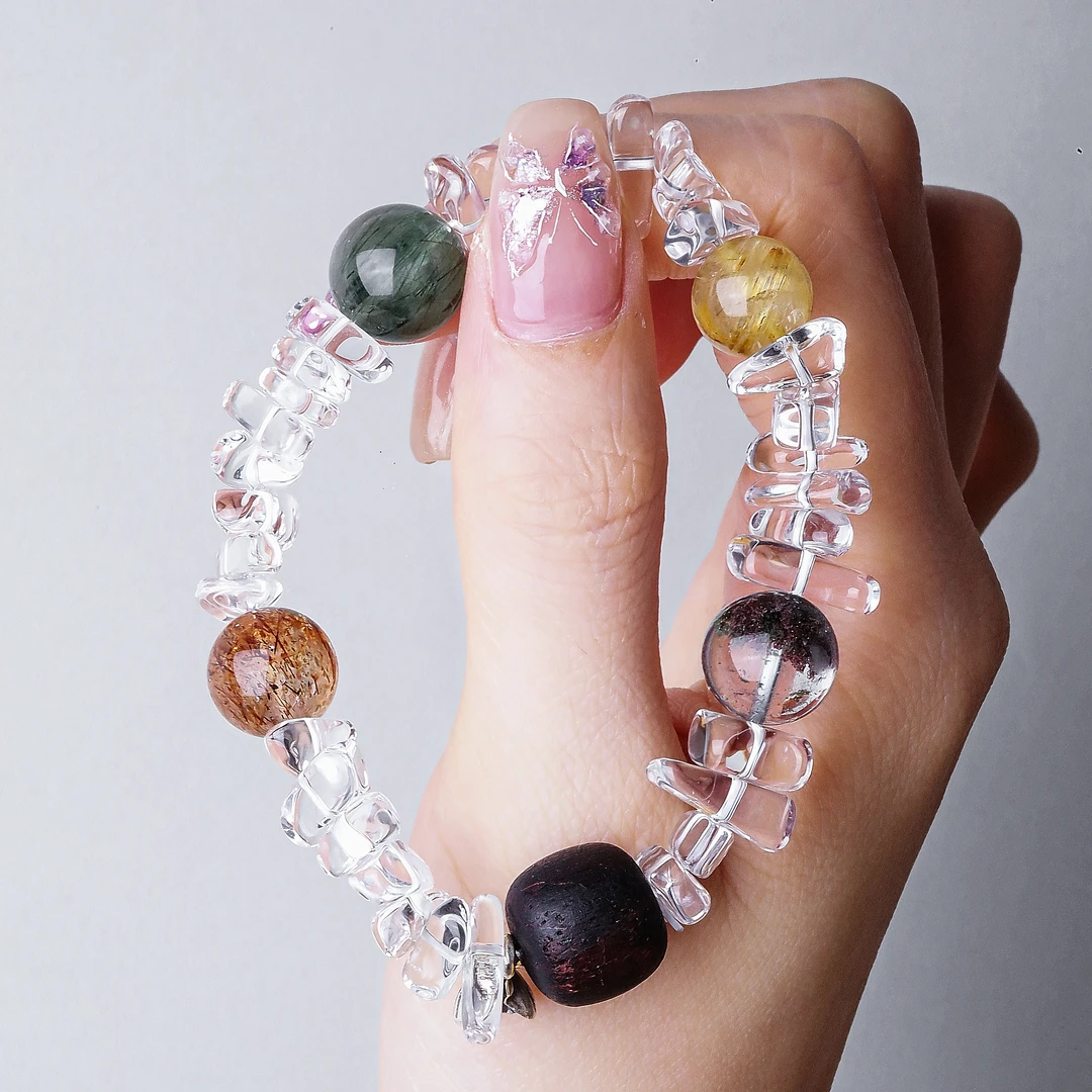 S10397<非晚>S925银白水晶黑金超绿发晶绿幽灵金发晶半花苞手串