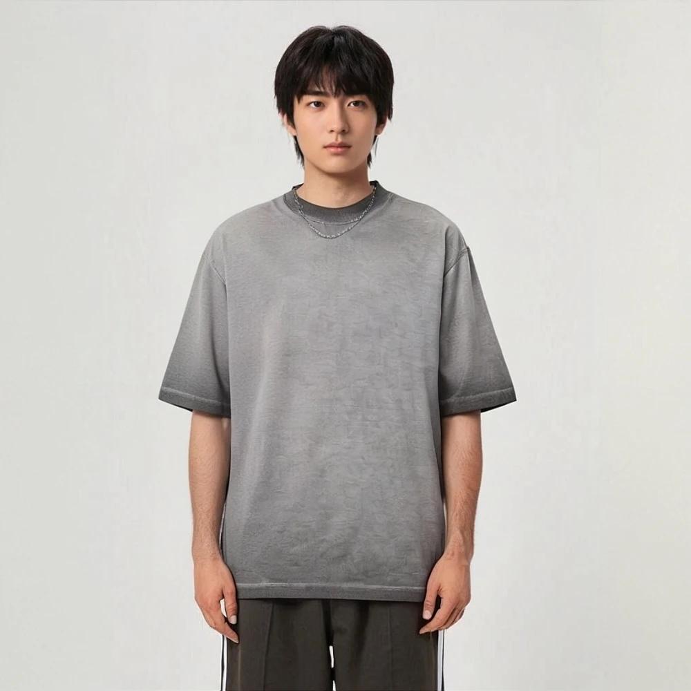 反炒黑洗水工艺渐变纯棉圆领短袖夏季宽松百搭重磅上衣半袖休闲